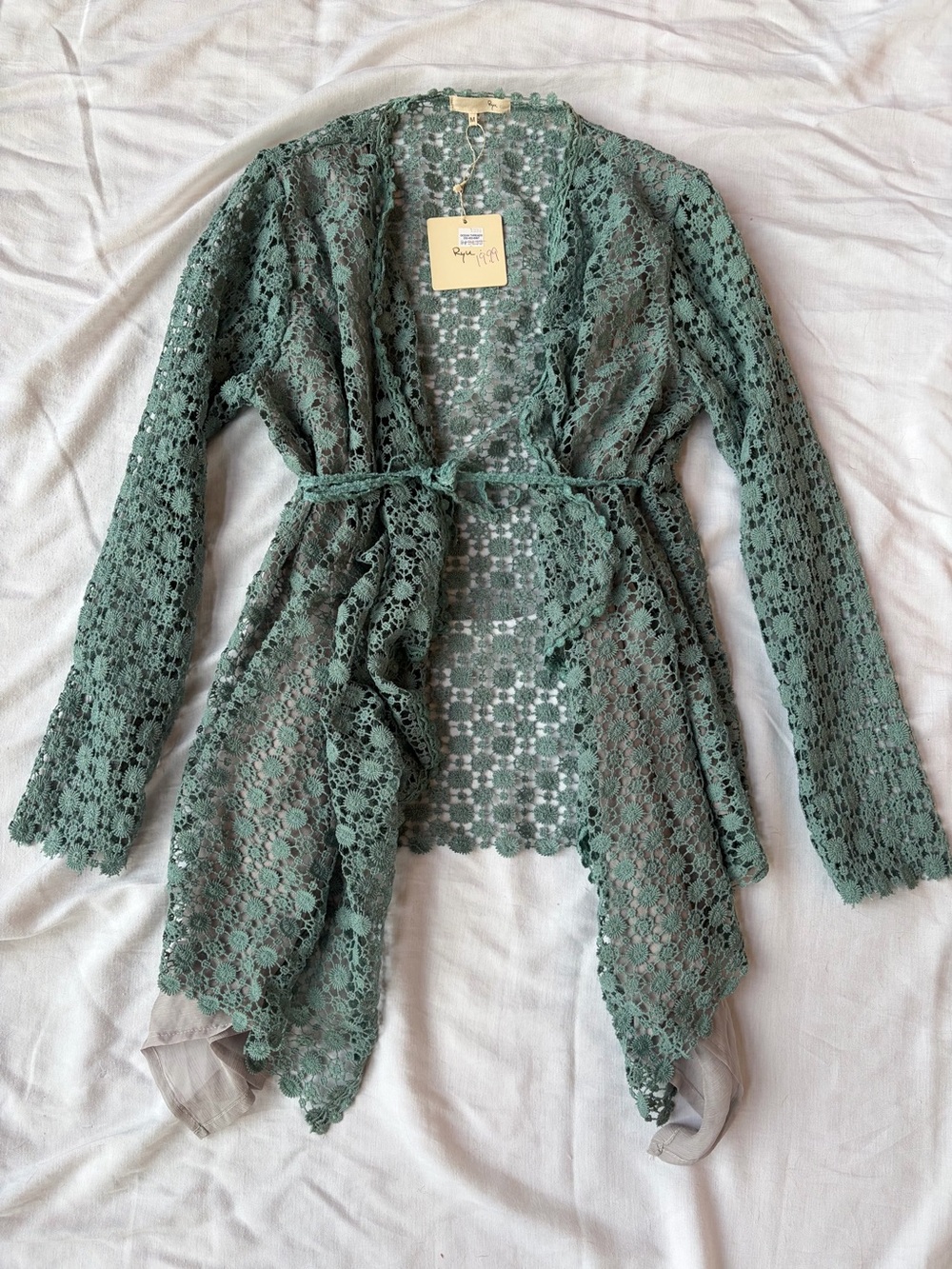NWT RYU Teal Green Blue Crochet Lace Boho Asymmetrical Hem Tie Front Cardigan M